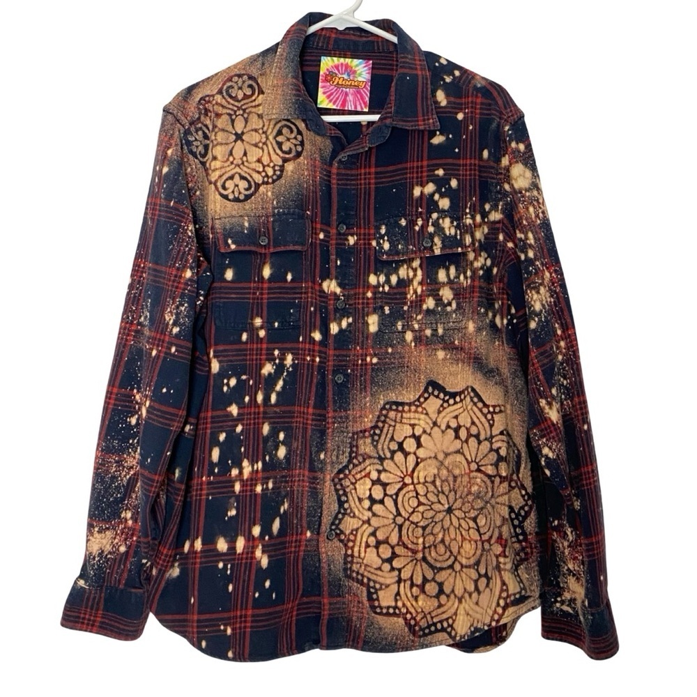 Handmade Floral Flannel Shirt Mens Size Large Unisex Bleached Plaid Button Down